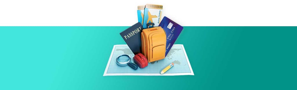 Illustration of map on teal background with travel items, including a passport, a backpack, tickets, magnifying glass and a travel credit card sitting above