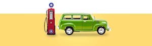 Old-fashioned red gas pump and classic green wagon with an APR financing offer against a yellow background