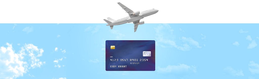 Image of credit card on blue background with airplane flying over the card to symbolize varied credit card perks.