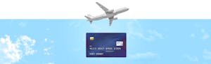 Image of credit card on blue background with airplane flying over the card to symbolize varied credit card perks.