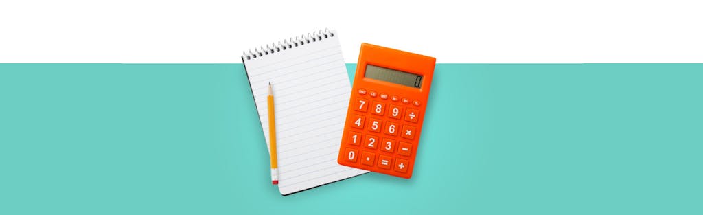 Illustration of spiral notepad, pencil and an orange calculator against a light turquoise background
