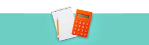 Illustration of spiral notepad, pencil and an orange calculator against a light turquoise background