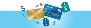 Illustration of blue and gold prepaid cards and dollar symbols on light blue background