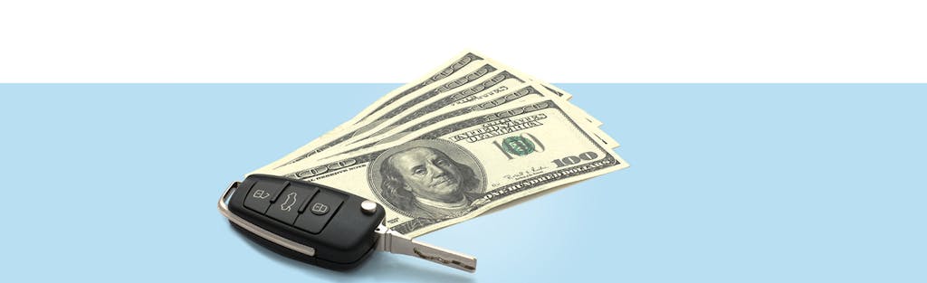 Image of a car key and hundred dollar bills against a light blue background. You'll have to think about what's right for you if you're wondering how to refinance your car loan.