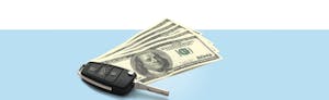 Image of a car key and hundred dollar bills against a light blue background. You'll have to think about what's right for you if you're wondering how to refinance your car loan.