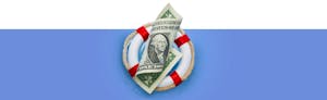 Illustration of rolled-up dollar bill over red and white life preserver, on a blue background