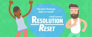 Two illustrated people join in Credit Karma's Resolution Reset Challenge
