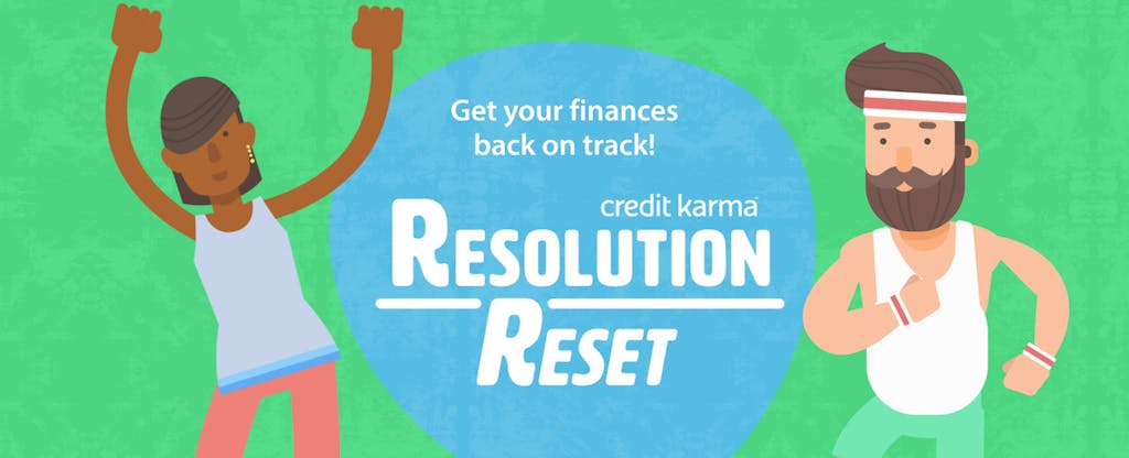 Two illustrated people join in Credit Karma's Resolution Reset Challenge