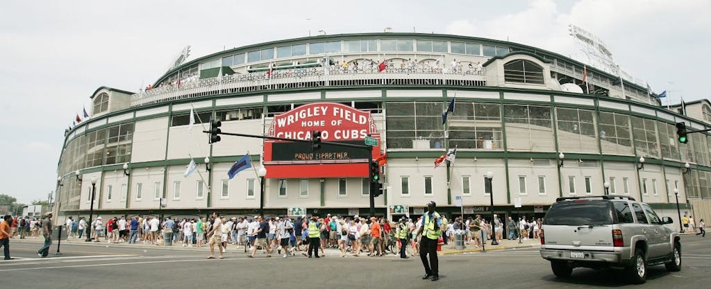 Fans walk to Wrigley Field in Chicago, Illinois.