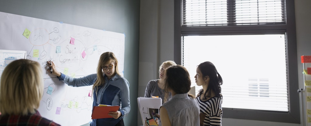 A group of female small business owners plan their business strategy on a whiteboard.