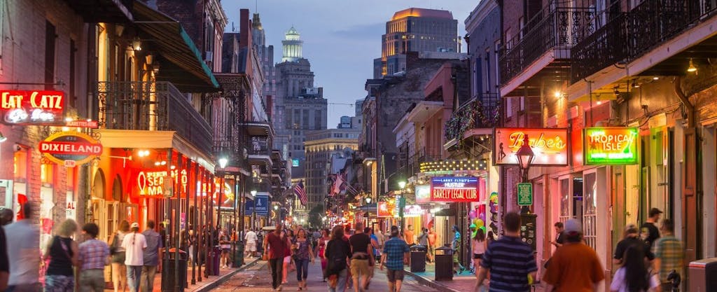 Pubs are alight with neon lights on New Oreleans famed Bourbon Street