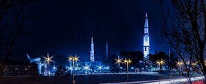 A rocket sits on a launch pad at night at the U.S. Space and Rocket Center in Huntsville, Alabama.