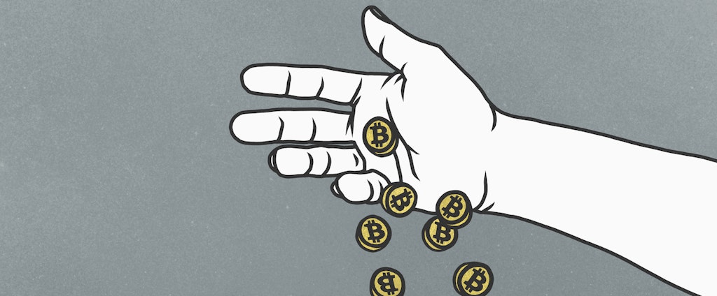 An illustrated hand dropping bitcoin