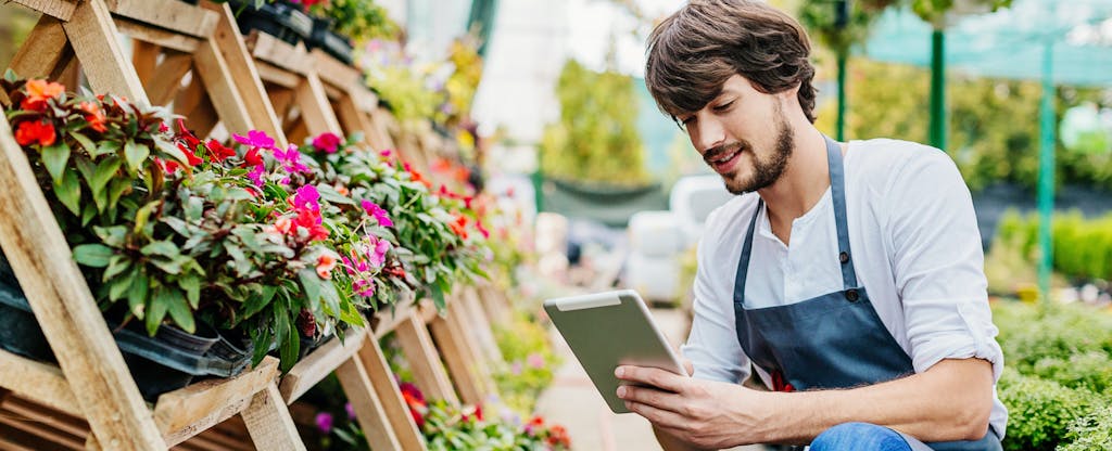 Business owner of a garden center looking up the blue business cash card on his digital tablet