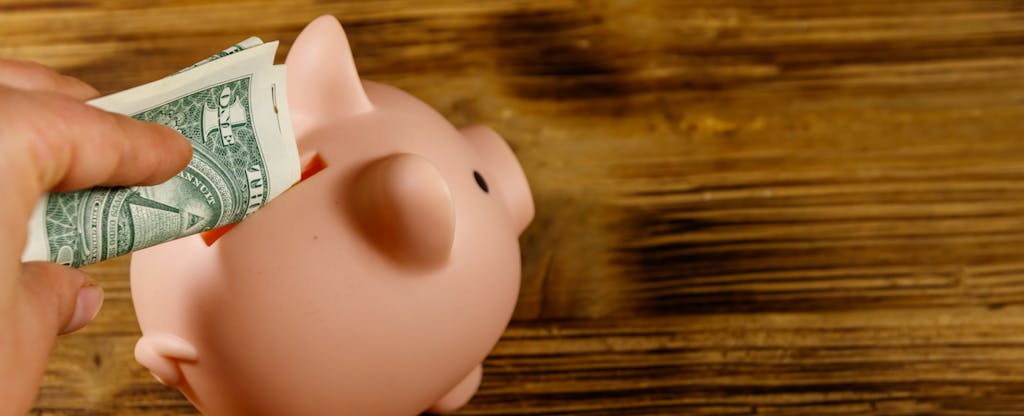 Hand putting one dollar bill into pink piggy bank. Saving money concept