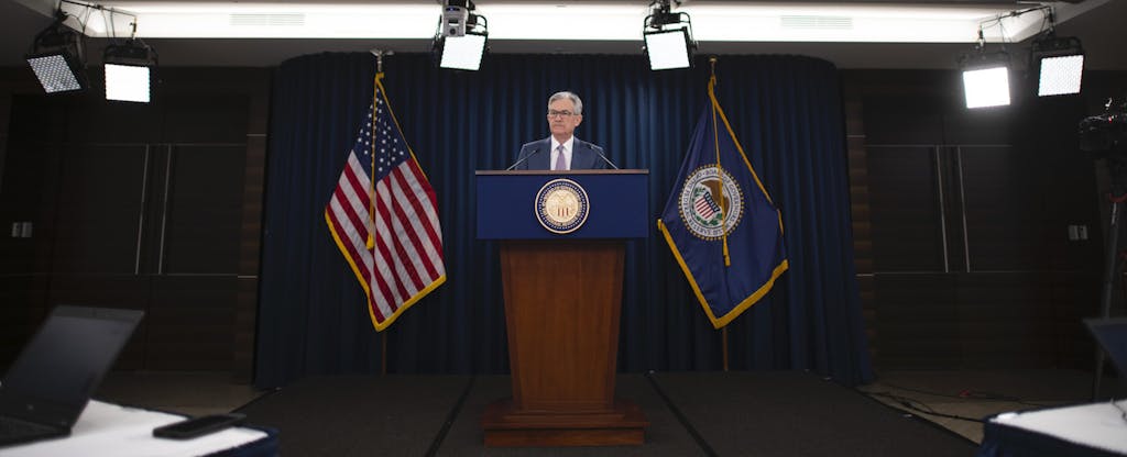 Jerome Powell giving a press conference amid Coronavirus concerns
