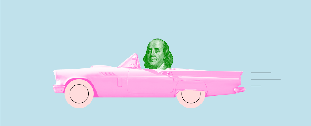 Benjamin Franklin driving convertible to represent auto insurance relief during the coronavirus pandemic