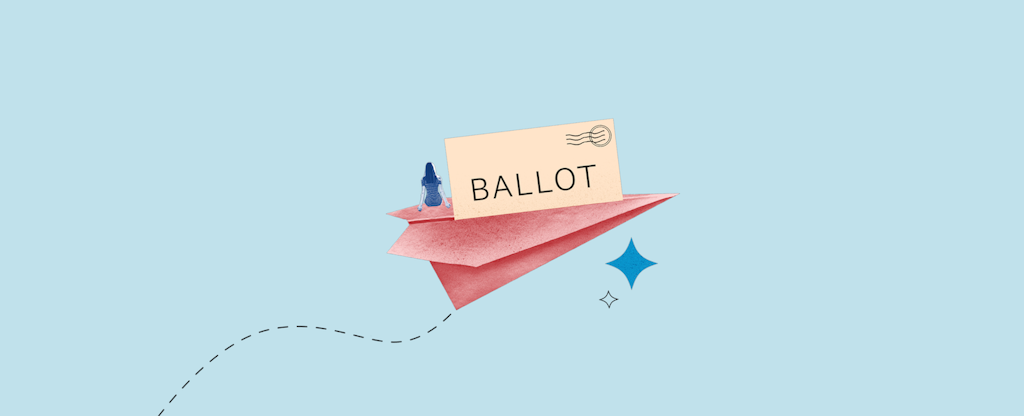 Paper airplane illustration with ballot and requirements to vote