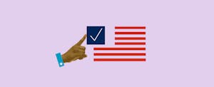 Illustration with purple background and American flag with a hand pointing to the flag