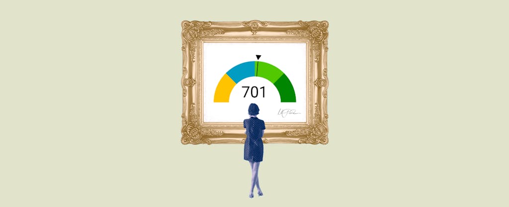 Illustration of a woman looking at a framed image of a 701 credit score.