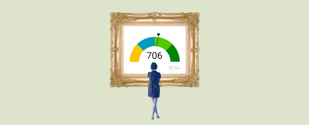 Illustration of a woman looking at a framed image of a 706 credit score.
