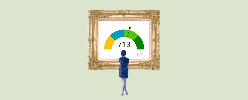 Illustration of a woman looking at a framed image of a 713 credit score.
