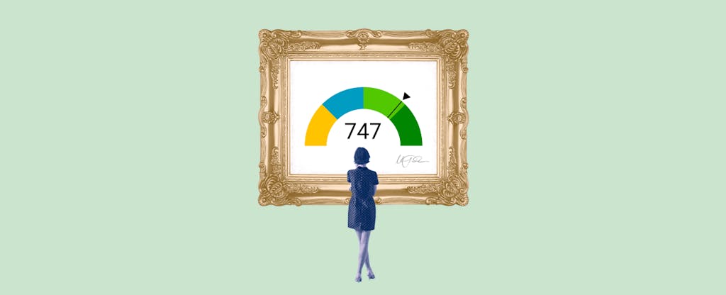 Illustration of a woman looking at a framed image of a 747 credit score.