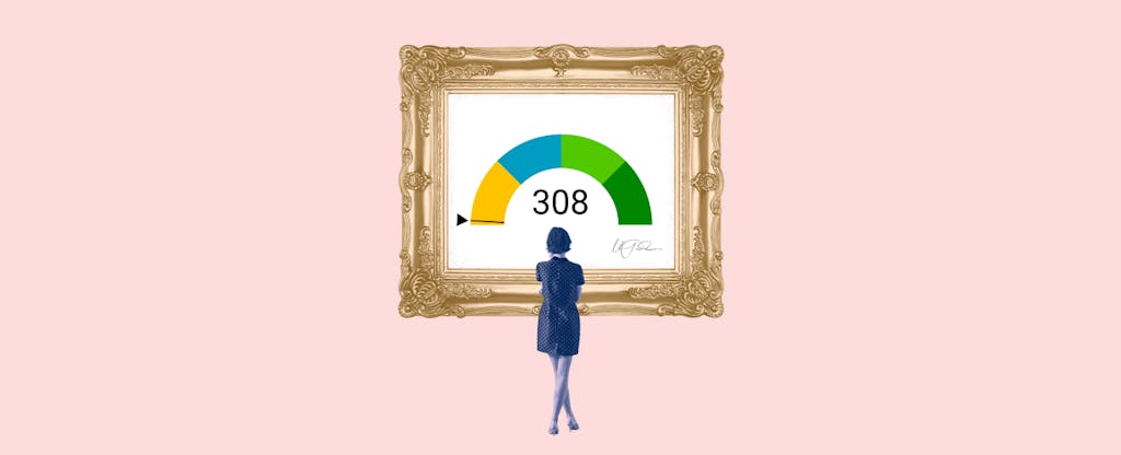Illustration of a woman looking at a framed image of a 308 credit score.