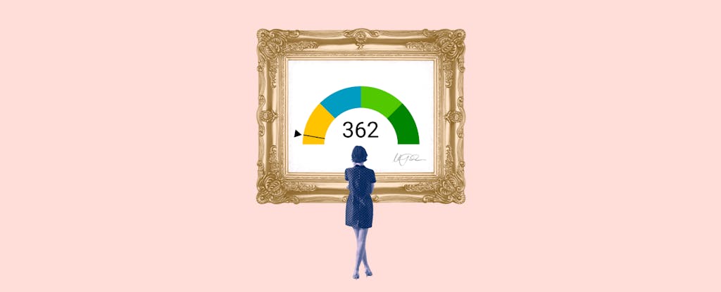 Illustration of a woman looking at a framed image of a 362 credit score.