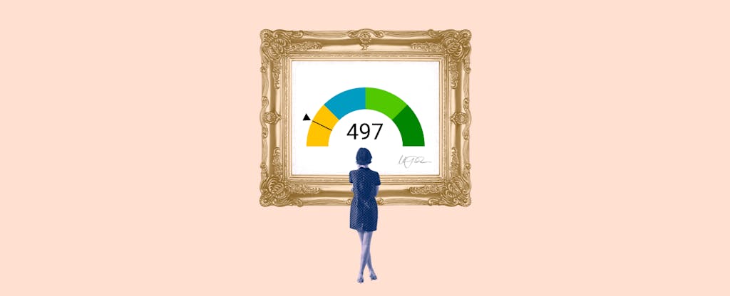 Illustration of a woman looking at a framed image of a 497 credit score.