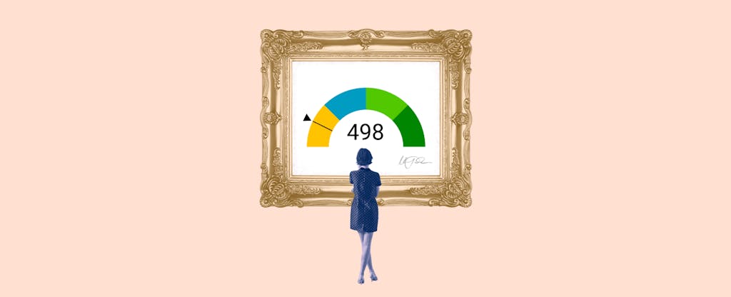 Illustration of a woman looking at a framed image of a 498 credit score.