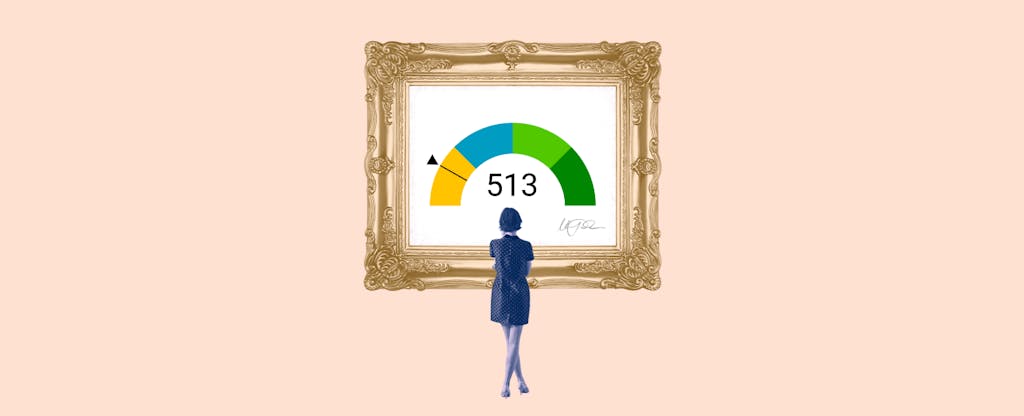 Illustration of a woman looking at a framed image of a 513 credit score.