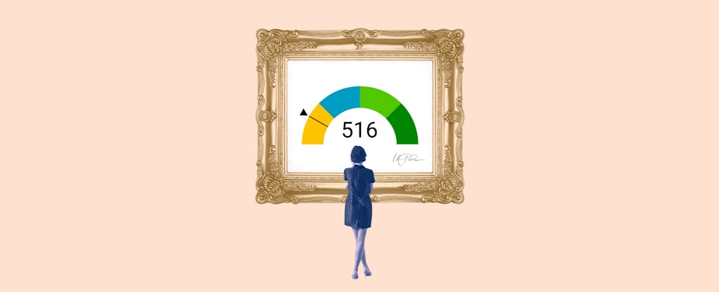Illustration of a woman looking at a framed image of a 516 credit score.