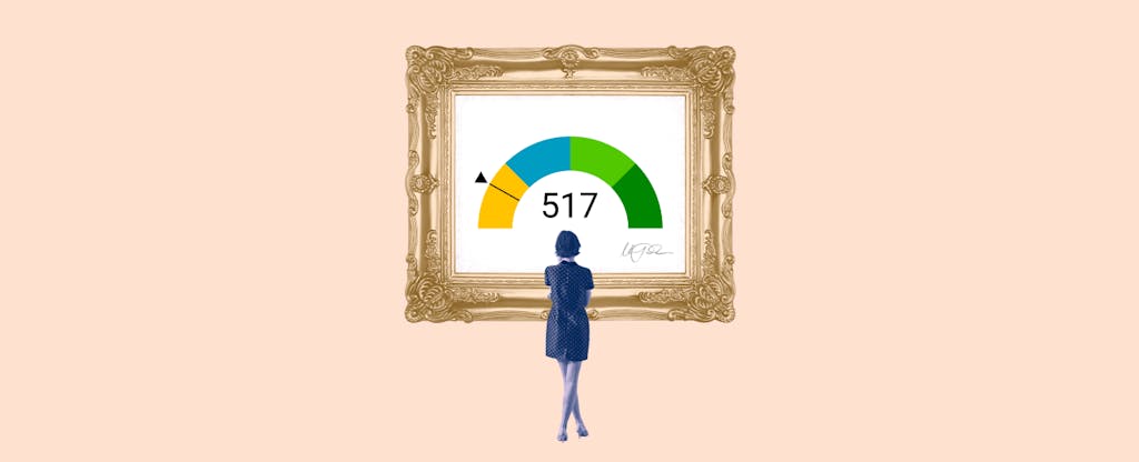 Illustration of a woman looking at a framed image of a 517 credit score.