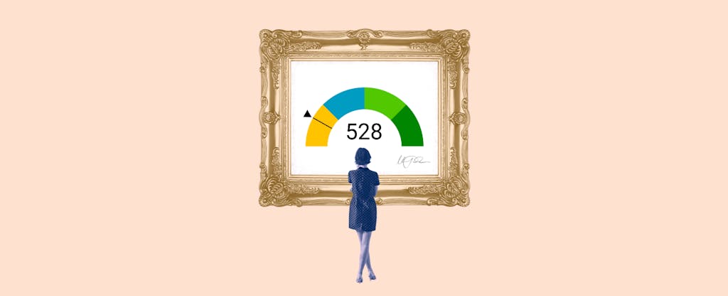 Illustration of a woman looking at a framed image of a 528 credit score.
