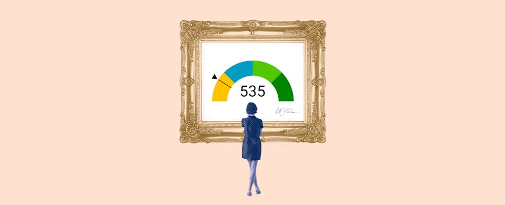 Illustration of a woman looking at a framed image of a 535 credit score.