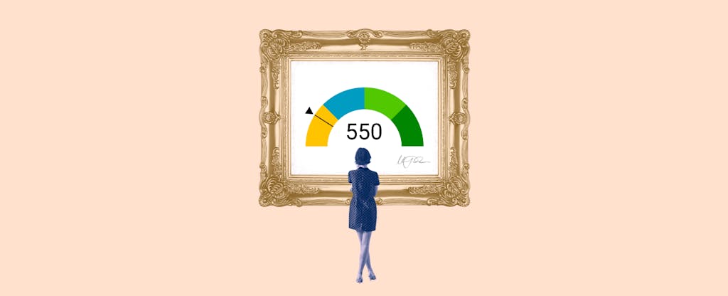 Illustration of a woman looking at a framed image of a 550 credit score.