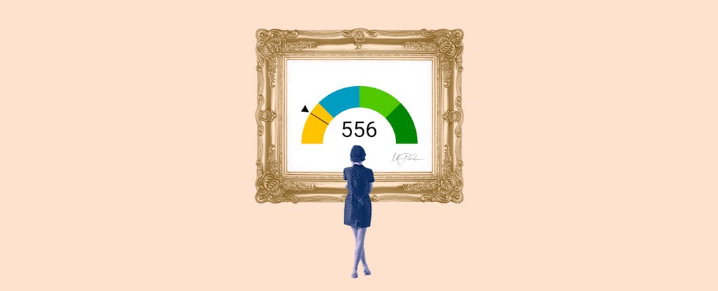 Illustration of a woman looking at a framed image of a 556 credit score.