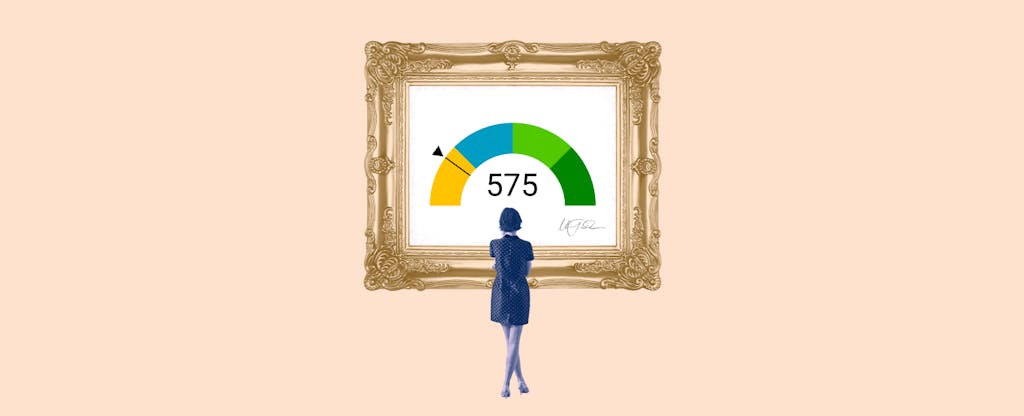 Illustration of a woman looking at a framed image of a 575 credit score.