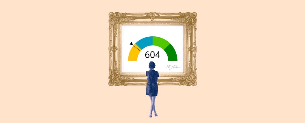 Illustration of a woman looking at a framed image of a 604 credit score.
