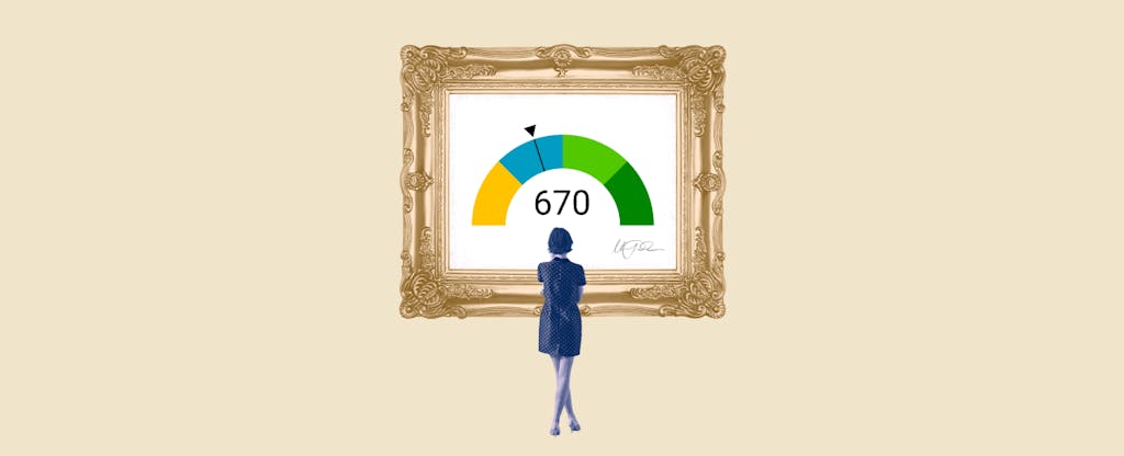 Illustration of a woman looking at a framed image of 670 credit score.