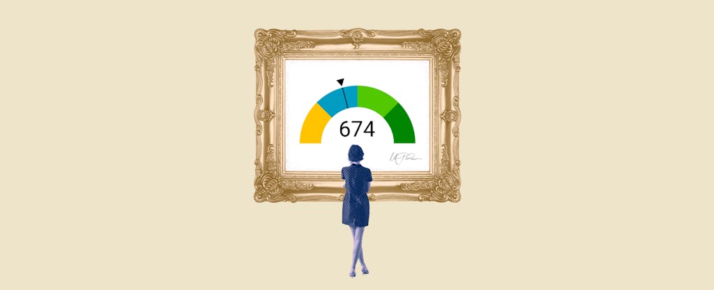 Illustration of a woman looking at a framed image of 674 credit score.