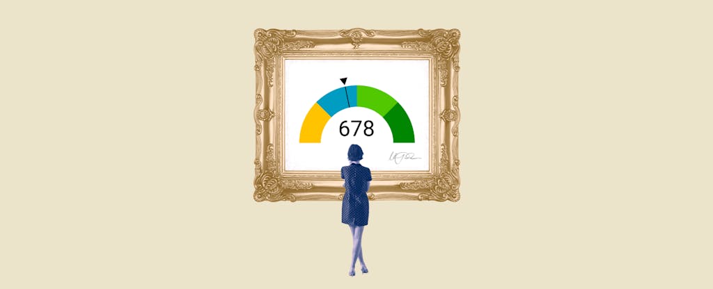 Illustration of a woman looking at a framed image of 678 credit score.
