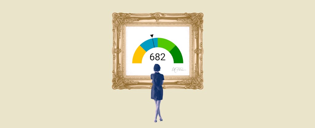 Illustration of a woman looking at a framed image of 682 credit score.