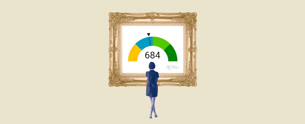 Illustration of a woman looking at a framed image of 684 credit score.
