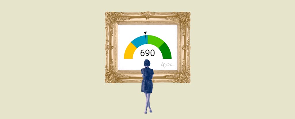 Illustration of a woman looking at a framed image of 690 credit score.