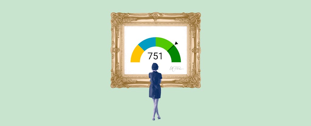 Illustration of a woman looking at a framed image of a 751 credit score.