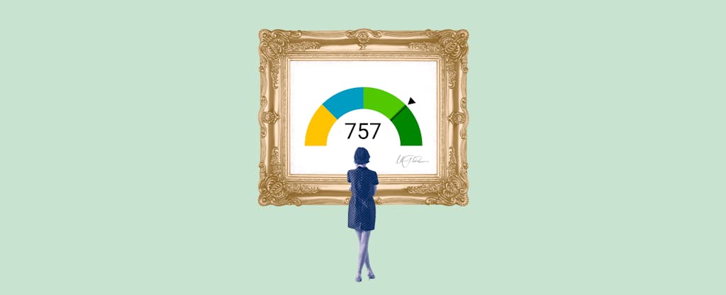 Illustration of a woman looking at a framed image of a 757 credit score.