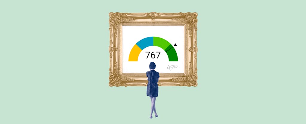 Illustration of a woman looking at a framed image of a 767 credit score.