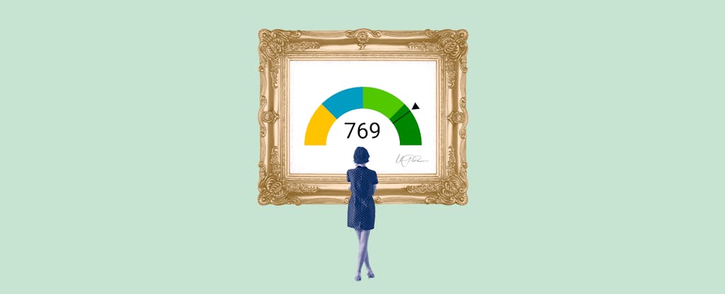 Illustration of a woman looking at a framed image of a 769 credit score.